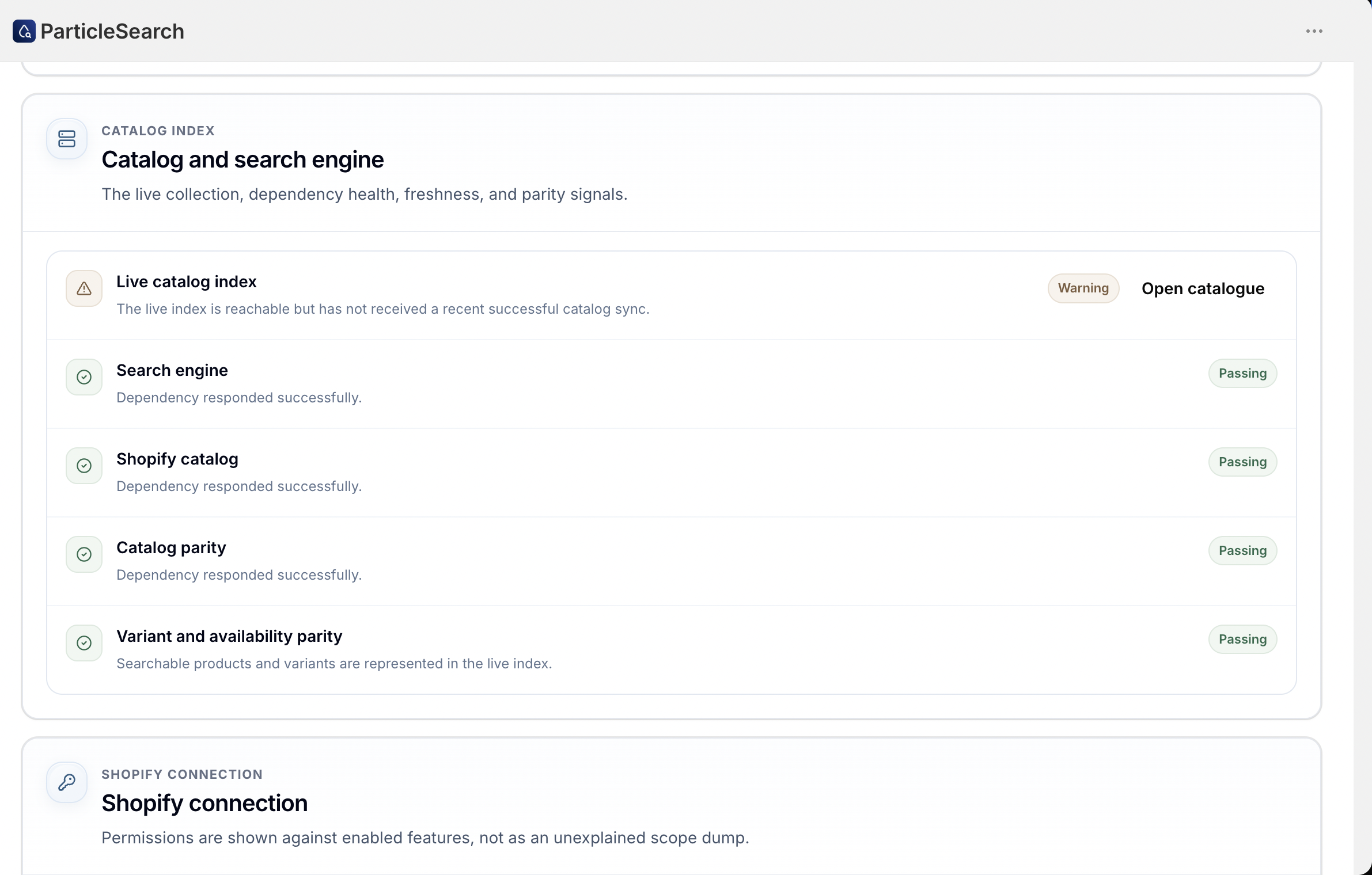 ParticleSearch catalog index health showing live catalog, search engine, Shopify catalog, catalog parity, and variant availability checks